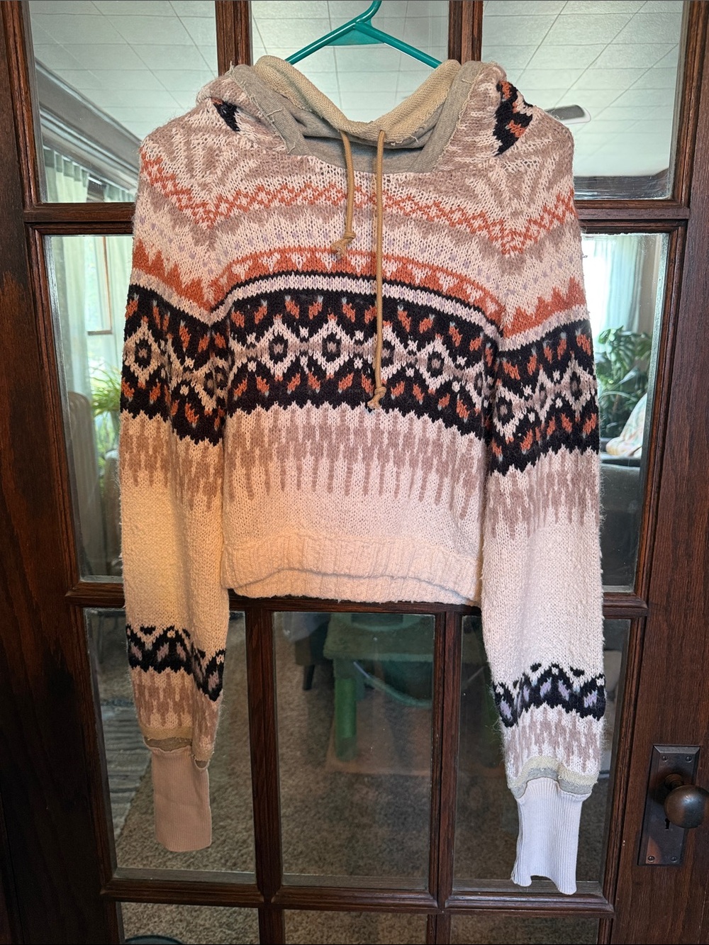 Free People Cream Hooded Fair Isle Sweater with Rust & Black Accents